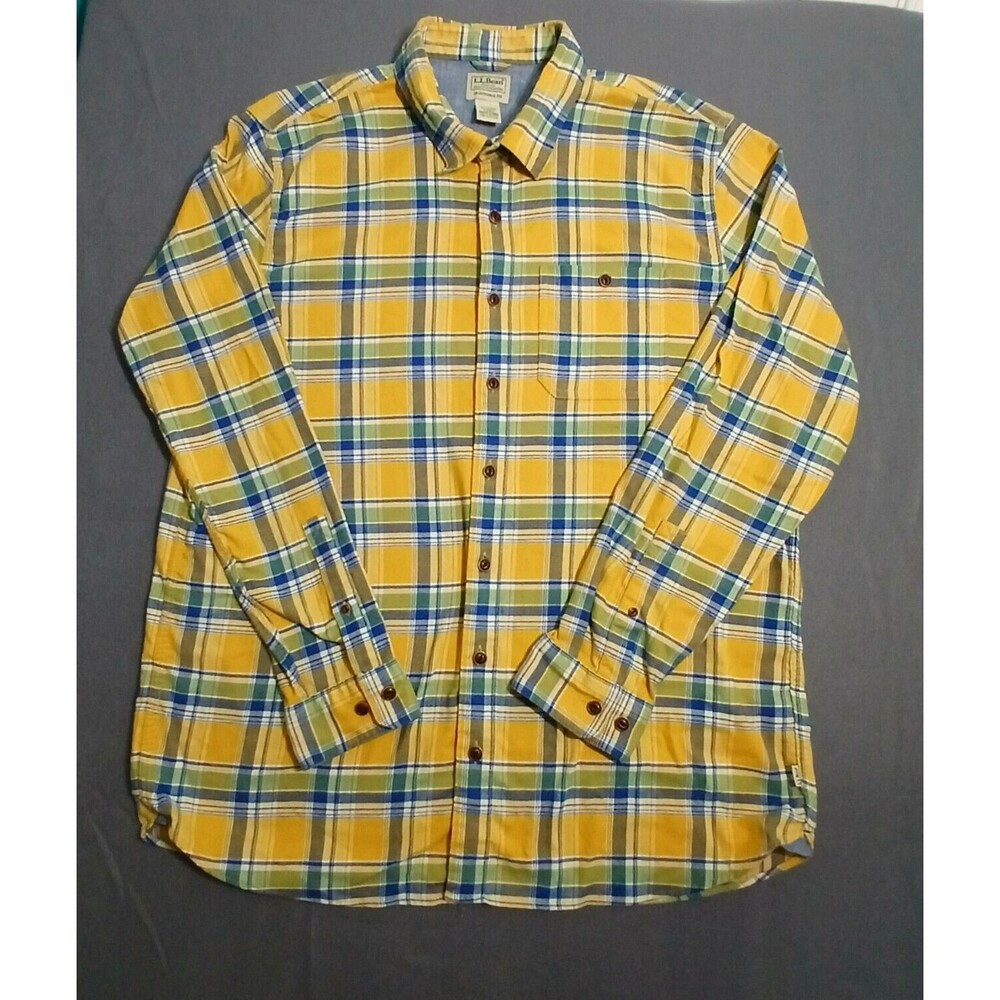 L.L. Bean Shirt Men L Tall Traditional Fit Flannel Yellow Plaid Button Up